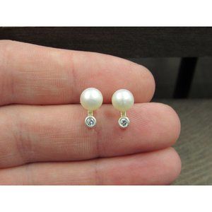 Sterling Silver White Pearl And Small CZ Stud Earrings Vintage Wedding
